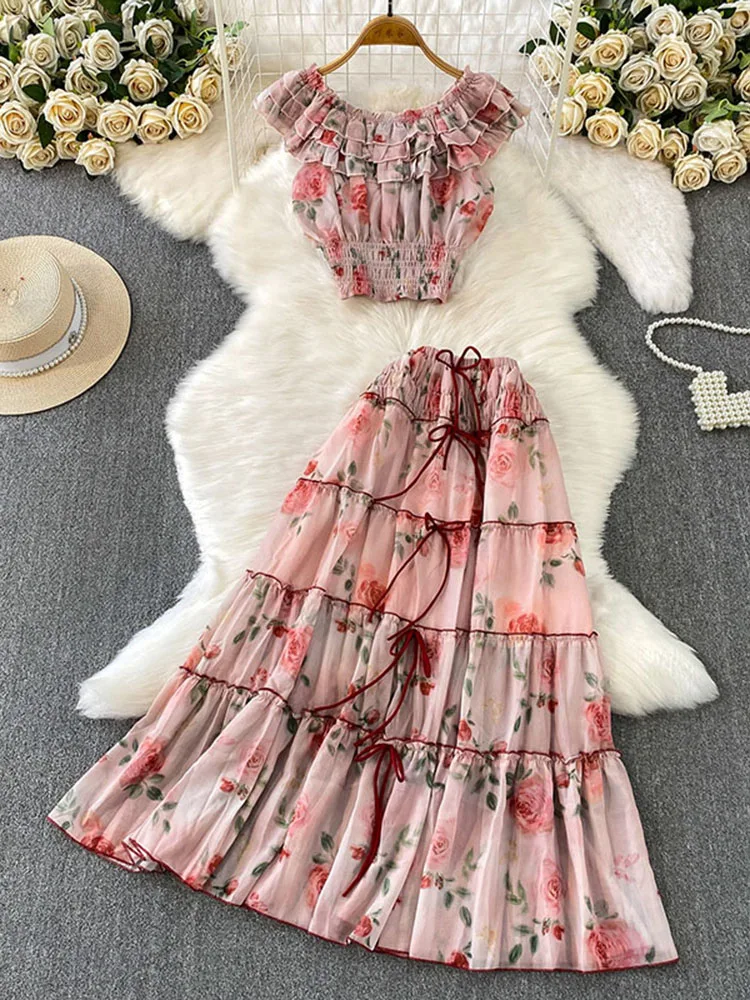 Summer Beach Vacation Chiffon Set Women's New Fashionable Printed Ruffle Edge One Neck Top Bow Tie Half Skirt Two-piece Set S431