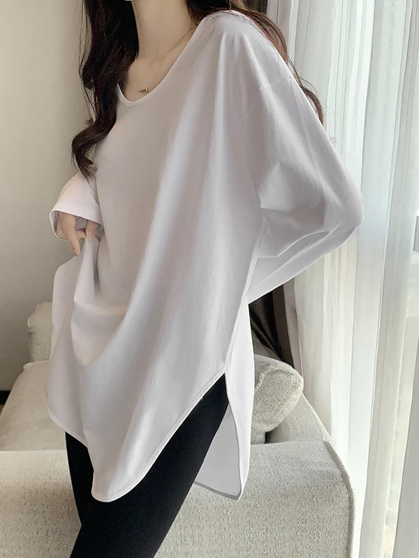 Camiseta Feminina Longa de Inverno Nova Coreana Solta Grande Branca para Camadas Versátil Confortável de Malha