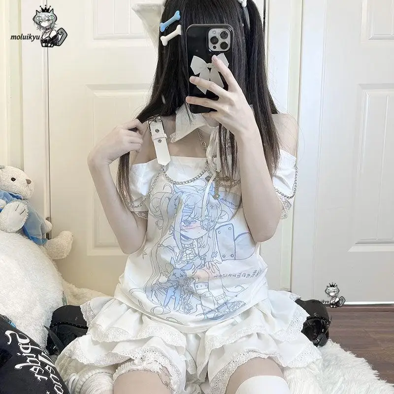 

Y2K Women's T-Shirt Off-Shoulder Top Anime Girls Print Kawaii Harajuku Outfit Cute Fashion Leisure Chain Strap Streetwear Teens