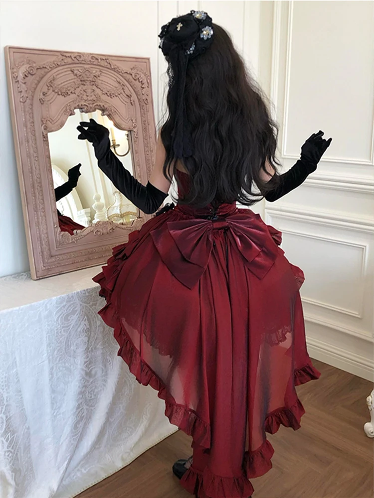 Robes de princesse gothiques rétro élégantes, sans manches, épaules dénudées, nœud, fleur 3D, chaîne de perles, taille haute, Mini robe moelleuse Lolita pour femmes