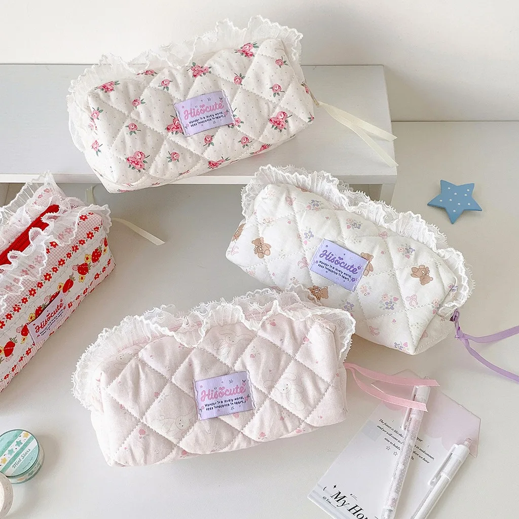 Lace Ruffle Pencil Bag Portable Portable Stationery Organizer Square Cosmetic Pouch Square Cute Print Pencil Case For Accessory