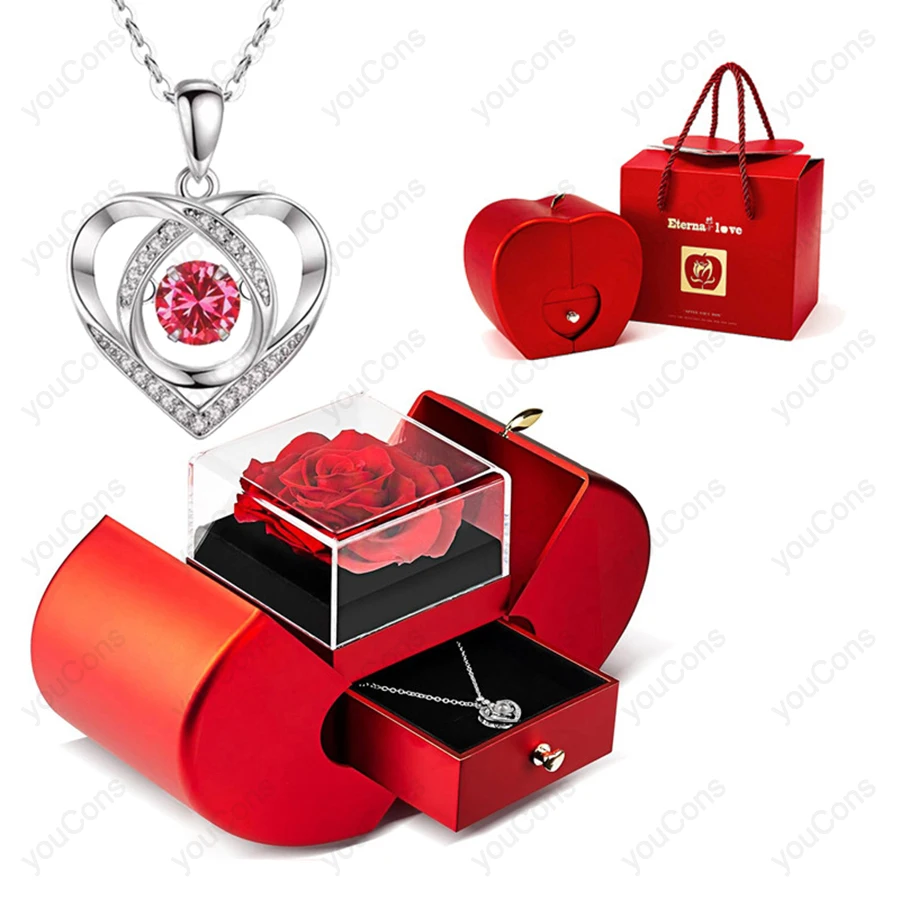 Heart Zircon Necklace Pendant With Apple Gift Box 2025 New Jewelry Set For Wife Girlfriend Valentine Anniversary Birthday Gift