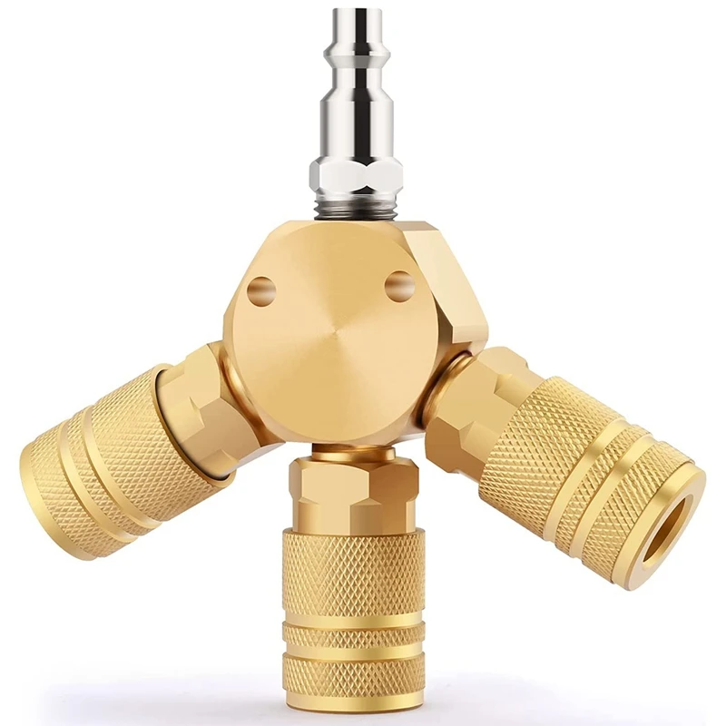 NEW-Air Splitter, 3-Way Air Manifold With 3 Pieces Brass Industrial Coupler And 1/4Inch Male NPT Plug, Quick Connect Fitting