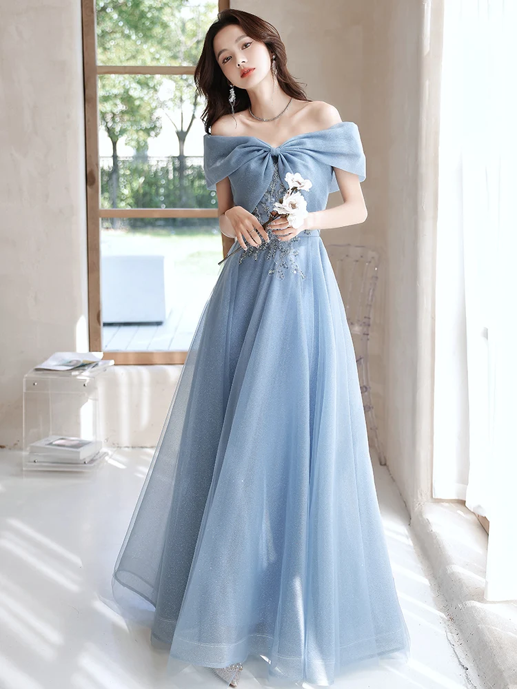 

Blue Strapless Evening Dresses Glitter Appliques Sequins Beading Women's Exquisite Banquet Party Dress Femal Formal Gowns