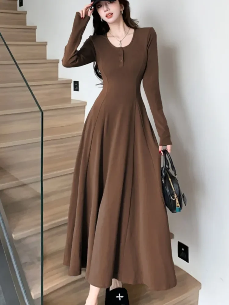 

Women's Solid Maxi Dress Casual Korean Chic Long Sleeve U-Neck Slim Fit A-Line Autumn Sexy Prom Robe Vestidos Mujer New Clothes