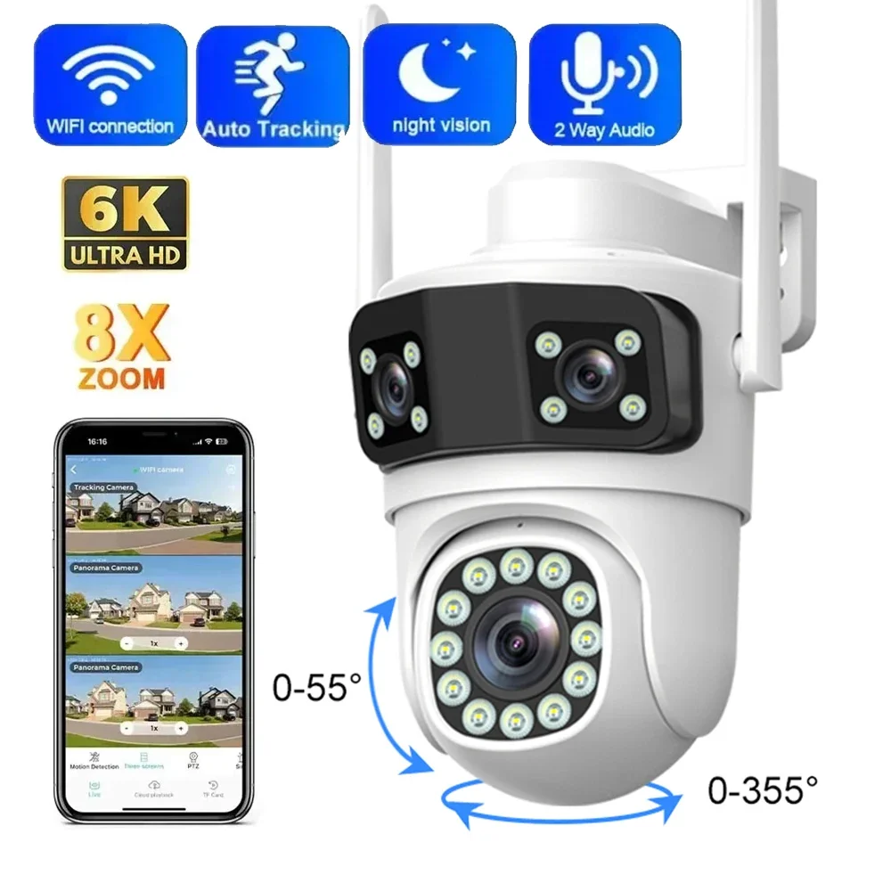 

6K Wi-Fi Ip-камера с тремя объективами, обнаружение движения, ночное видение, всепогодная камера безопасности, уличная камера видеонаблюдения PTZ-камеры