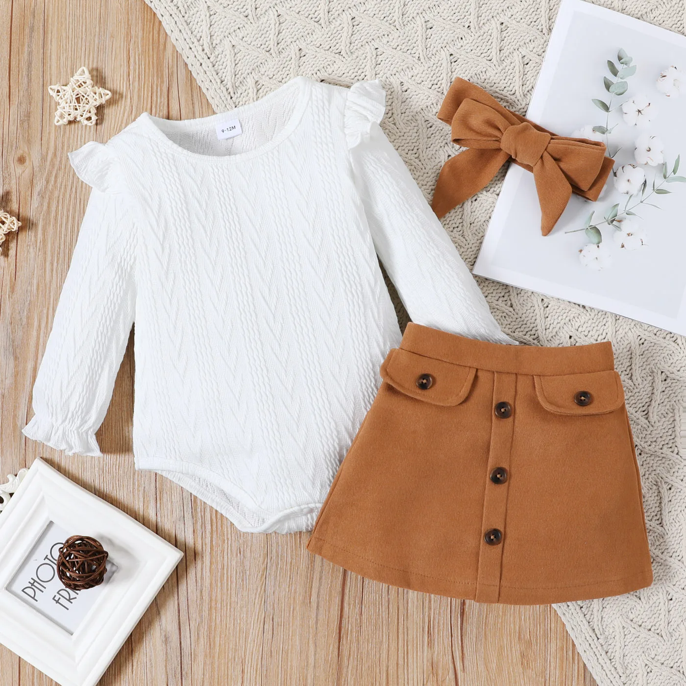 

Baby Girl Outfits 3-piece Ruffled Cable Knit Textured White Sweater, Button Design Brown Skirt and Headband Set