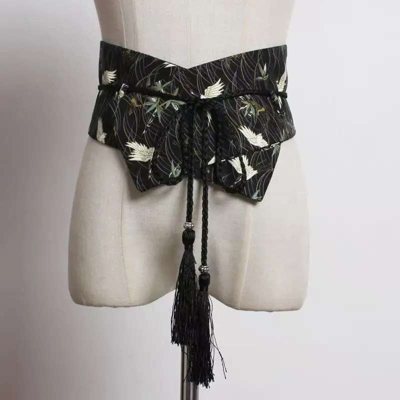 Japanese Vintage Crane Print Wide Fabric Waist Cincher for Women Oriental Tassel Tie Up Sash Decorative Waist-Shaping Accessory