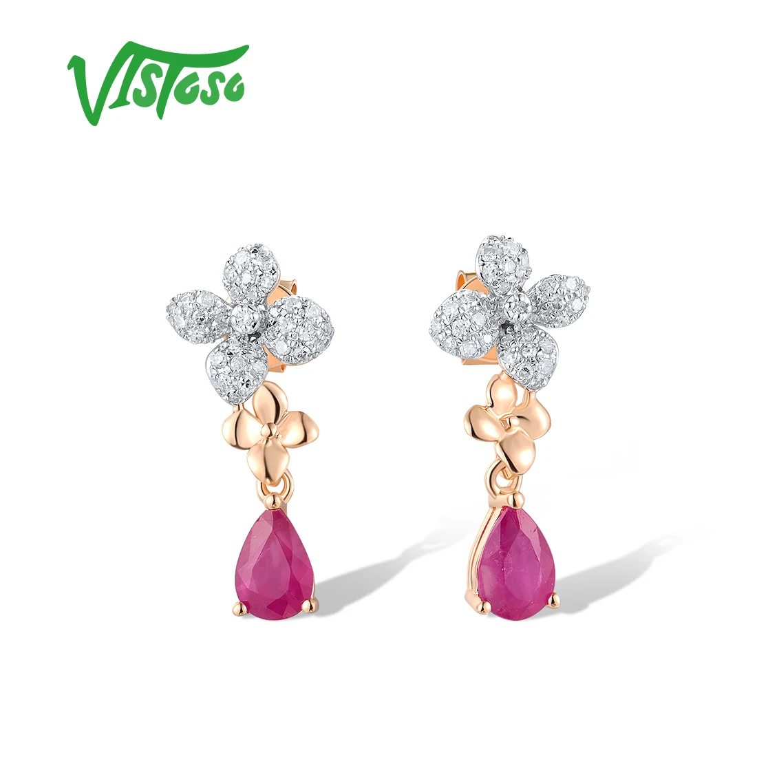 VISTOSO Pure 14K 585 Rose/White/Yellow Stud Earrings For Women Sparkling Diamond Ruby Sapphire Fancy Flower Fashion Fine Jewelry