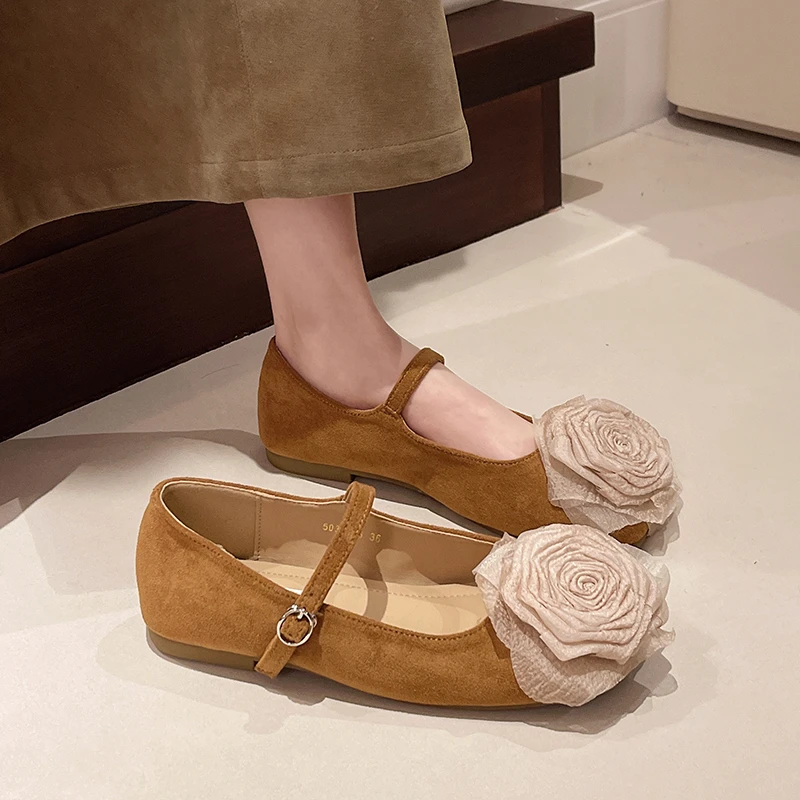 Brown/Apricot Womens Single Shoes with One Line Buckle Flower Low Heel Round Toe 2025 New Spring Outdoor Suede Low Top Shoes