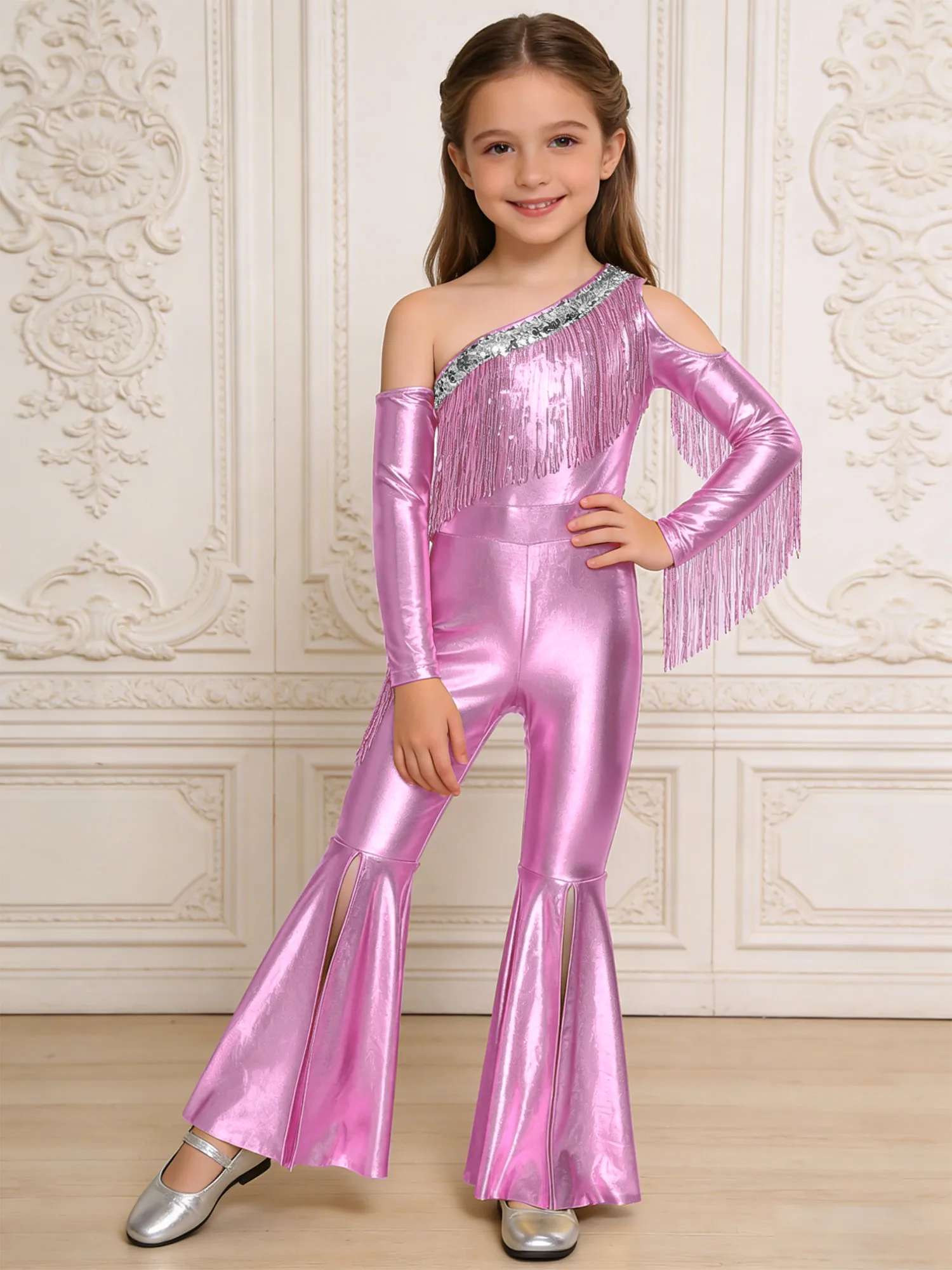 

Детский костюм для джазовых танцев в стиле хиппи с бахромой, металлический комбинезон в стиле 70-х и 60-х годов, наряд для дискотек, детский комбинезон для рейв-вечеринок, танцевальная одежда с пайетками