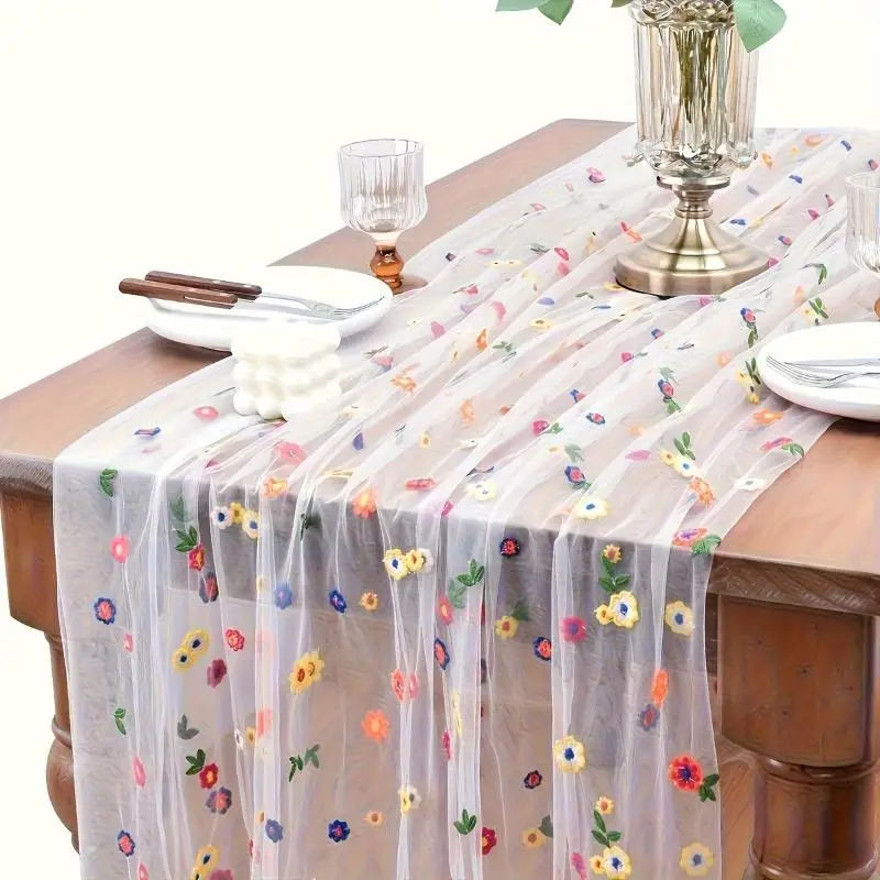 1pcs Colorful Floral Embroidery Table Cloth Simple Elegant Lace Transparent Tablecloth Festival Wedding Party Decor Tablecloth