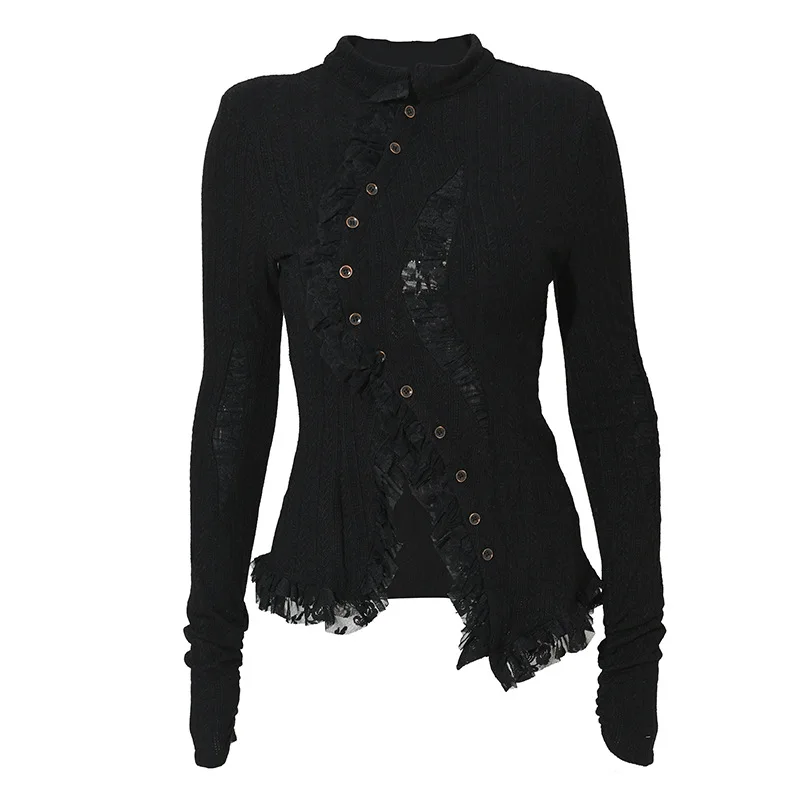 

Women's Knitted Cardigan Spring and Autumn New Dark Lace Hollow-out Irregular Temperament Slim Long-sleeved Round Neck Trend