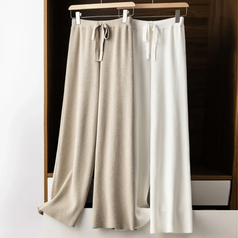 

New Women Thickened Knitted Wide-leg Pants Drapey White High-waisted Straight Floor-length Pants, Loose Outer Wear Long Pants