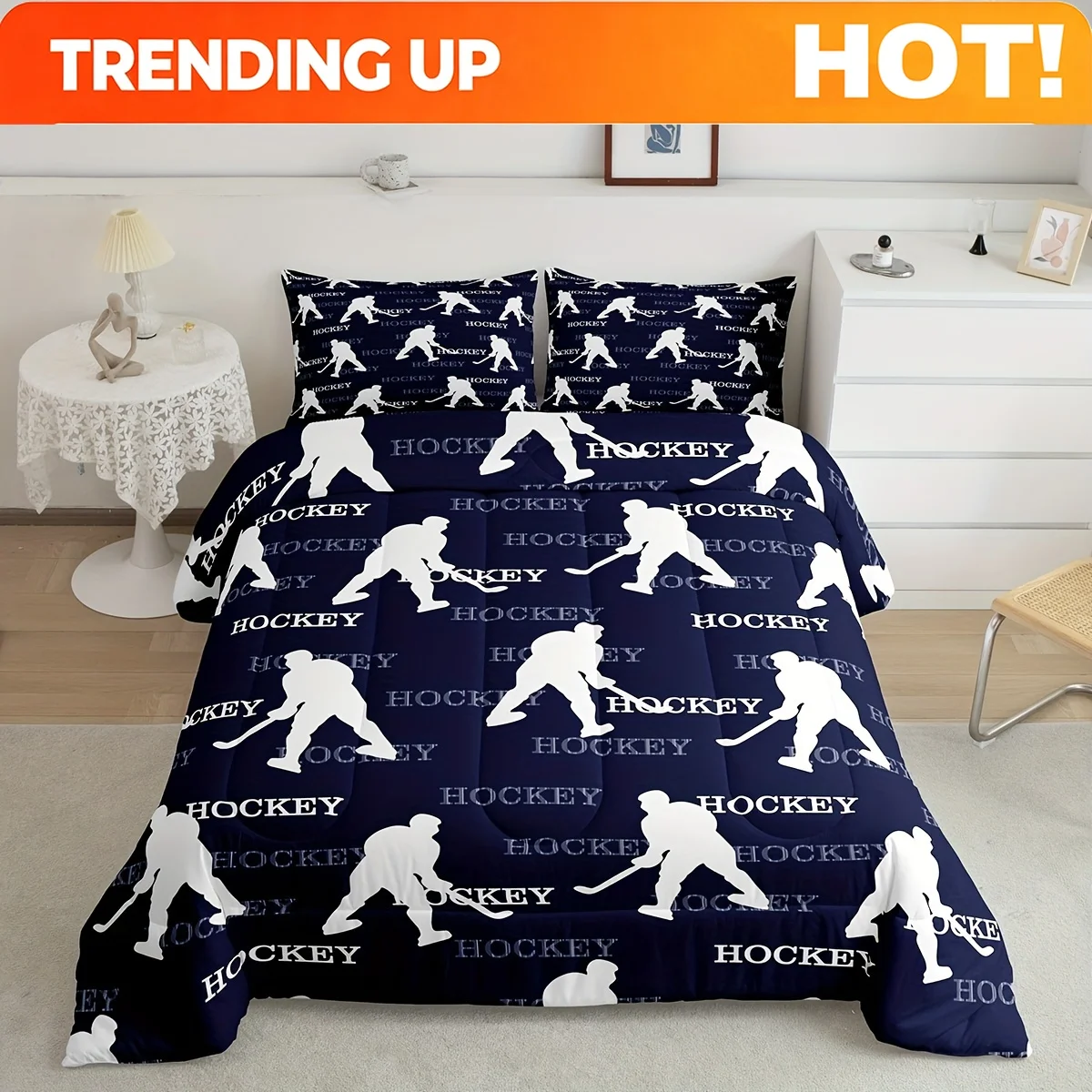 Customize Castle Fairy Ice Hockey Comforter Set, Hockey Player Pattern Bedding Set For Women Men Xmas Bedroom Decor, Ball Sports