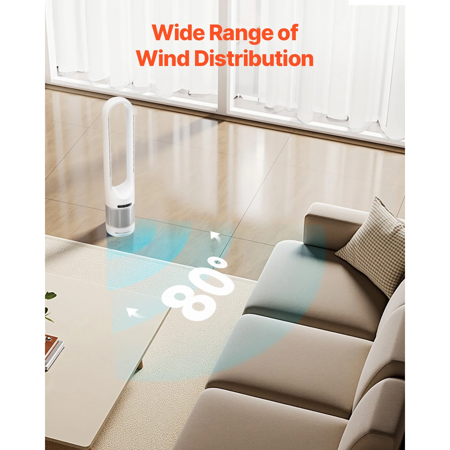 15.4ft/s Bladeless Tower Fan 80 Degree Swivel 8 Speed Floor Fan with Remote Control Air Purification Mode for Home