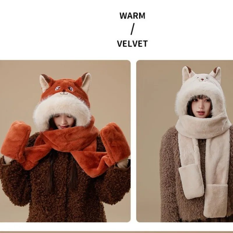 مجموعة قفازات وشاح للأذن على شكل ثعلب كرتوني للأطفال، قناع بقلنسوة متصل من القطيفة 3 في 1 للأنشطة الخارجية للعب الأدوار في الشتاء #4