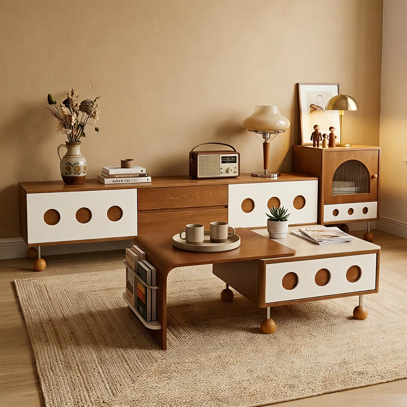 -aa Ash Wood Veneer Coffee Table TV Cabinet Chest Set Stainless Steel Frame Solid Wood Legs Living Room Storage Unit