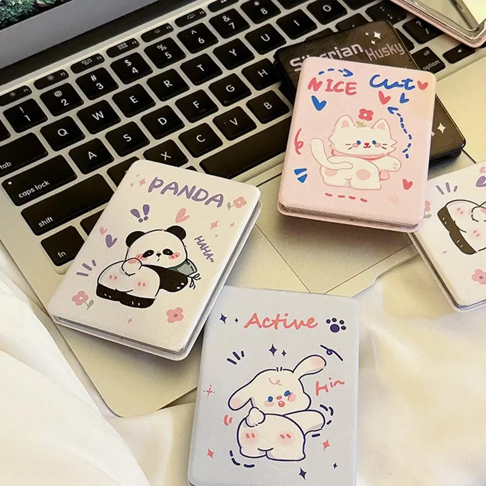 Niedlicher faltbarer Make-up-Spiegel aus PU, faltbar, hochauflösender, faltbarer Kosmetikspiegel, eleganter rechteckiger Panda-Taschenspiegel für Reisen