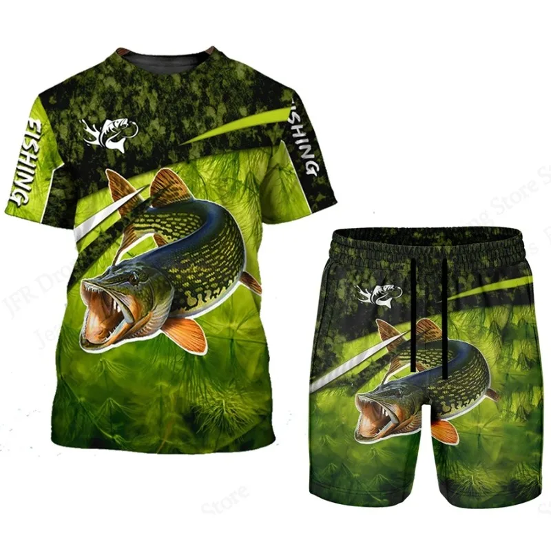 

2025 Retro 3D Printed Men's Outdoor Fishing Printed Shorts 2-piece Set Round Neck T-shirt Fashion Men's Sportswear Clothing