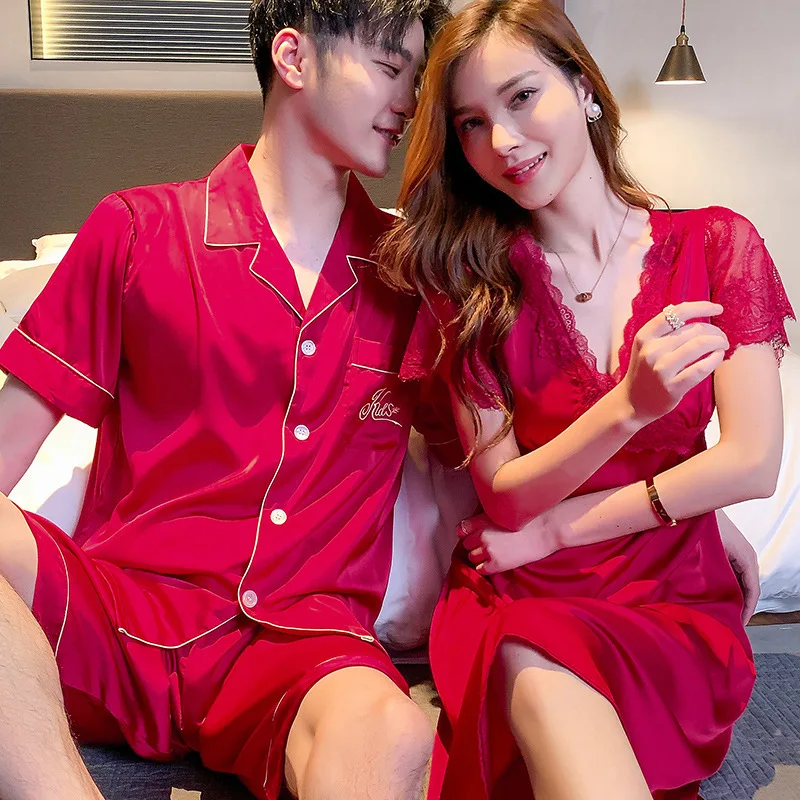 Couples Satin Silk Nightwear Plus Size Men\'s Short Sleep Sleeves Sleep Tops Shorts Pajamas Set Women Nightdress Home Clothes