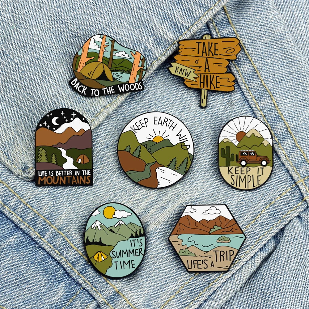 Outdoor Camping Travel Enamel Pin Cartoon Wild Hiking Adventure Brooch Mountain Starry Night Lapel Badge Bag Custom Jewelry Gift