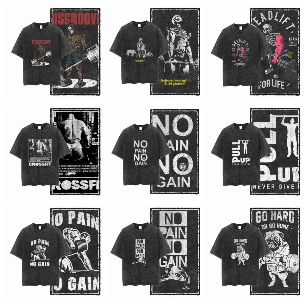 YG BODY BUILDING Printed Cotton Acid Washed Graphic Unisex T Shirt Cool CROSSFIT Streetwear Men Tshirts Big Size Tee for Men