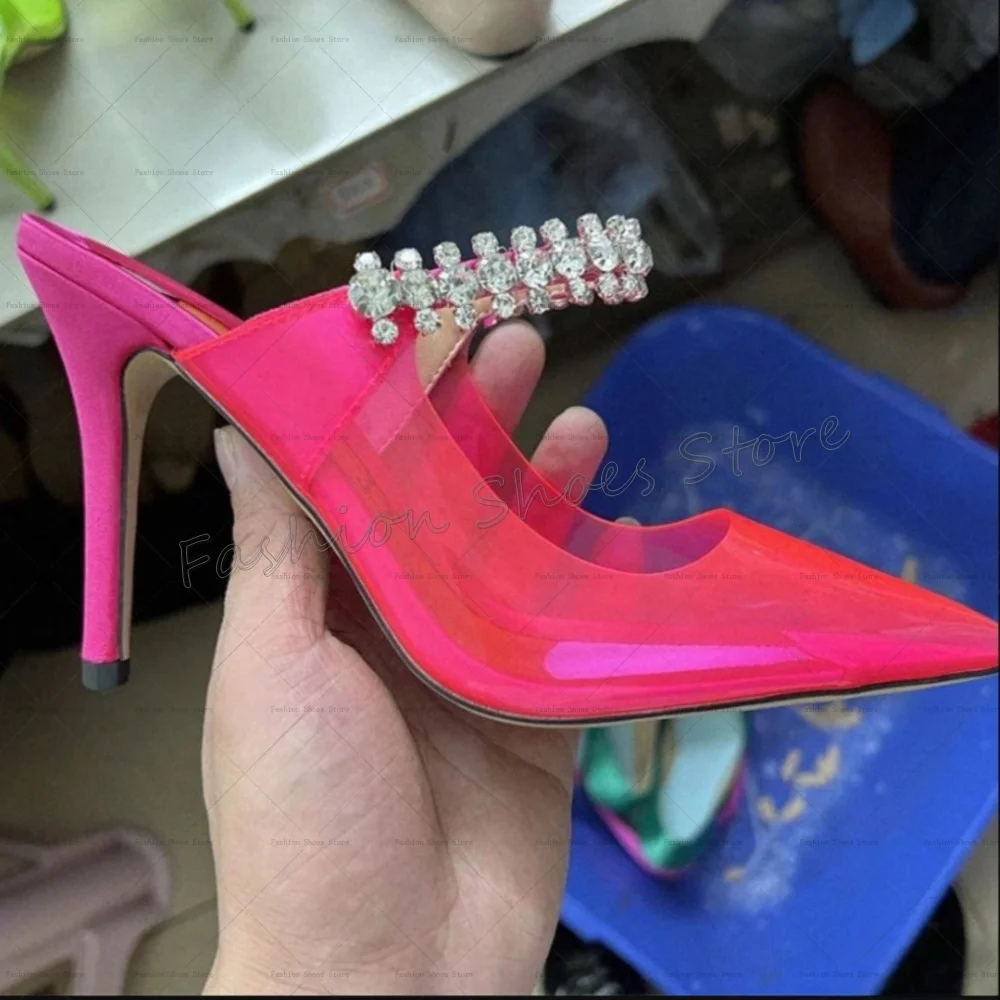 

Rose Red Pointed Toe Crystal PVC Slippers Fashion Women Shoes Stilettos High Heels Party Banquet Dating 2025 Zapatos Para Mujere