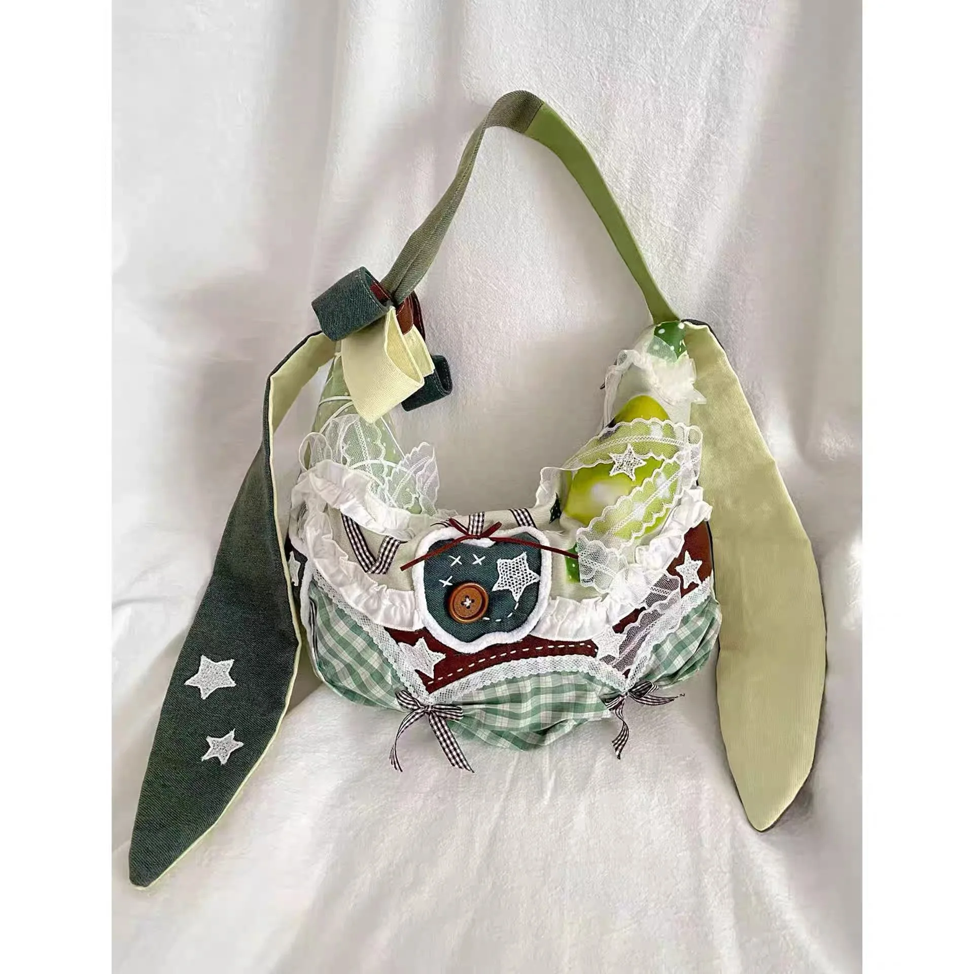 

Retro Large Capacity Tote Bag Patchwork Dumpling Canvas Bag Lace Patchwork Handbag Commuter Single Shoulder Slant Crossbody Bag