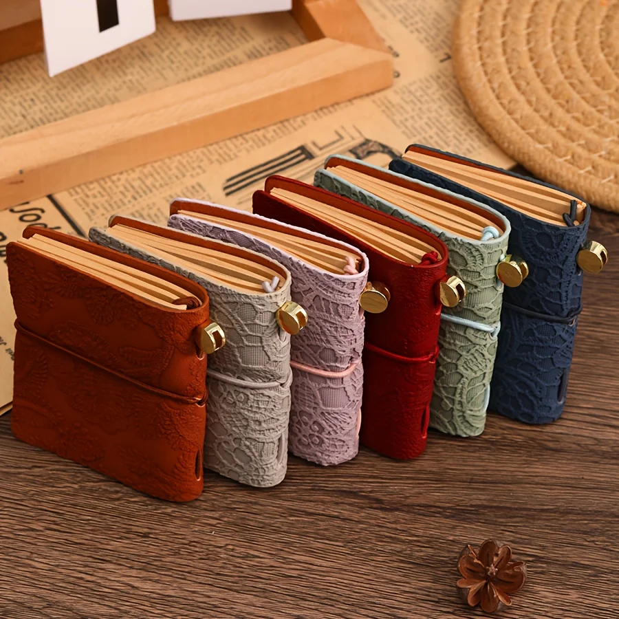 Tiny A7 Vintage Pocket Notebook Embossed Lace Faux Leather Mini Travel Journal Elastic Band for Writers Scrapbook Lovers