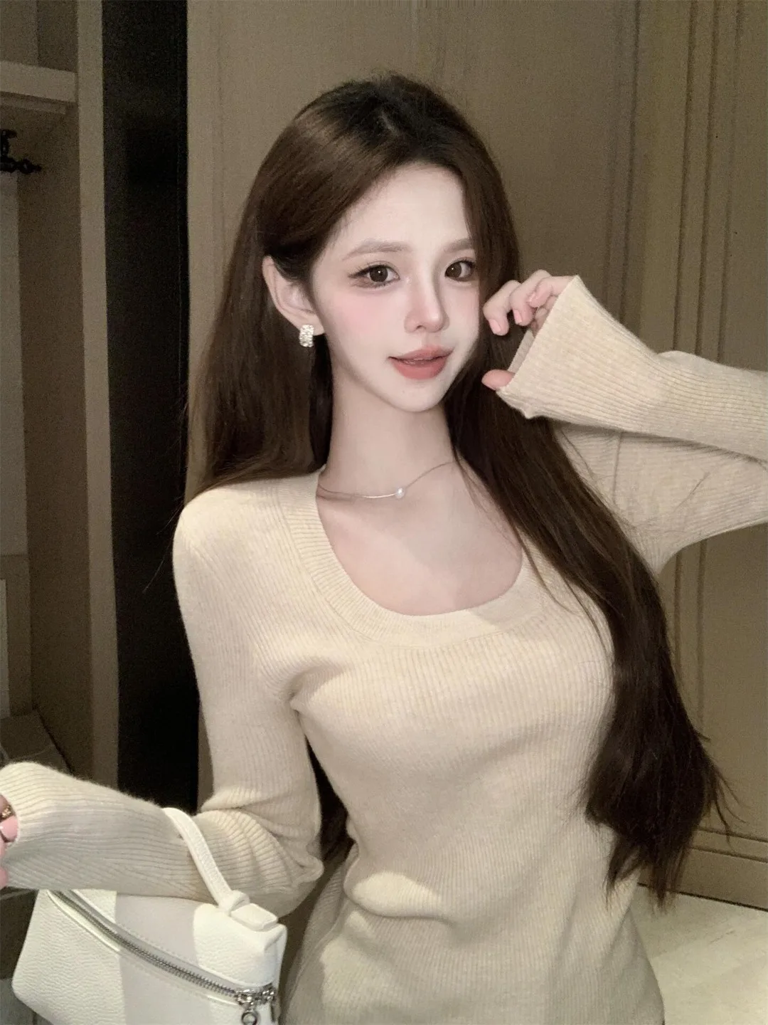 

Women's Low Ne Knitted Top ort U-Ne Sweater Inner Wear Slim Fit ort Sle Autumn Winter Cotton Blend Long Sve