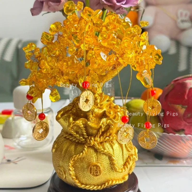 1pc Resin Wealth Tree Ornament Money Bag Tree Hotel Lobby Decoration Home Decoration Chinese Style Wealth Absorbing Ornaments
