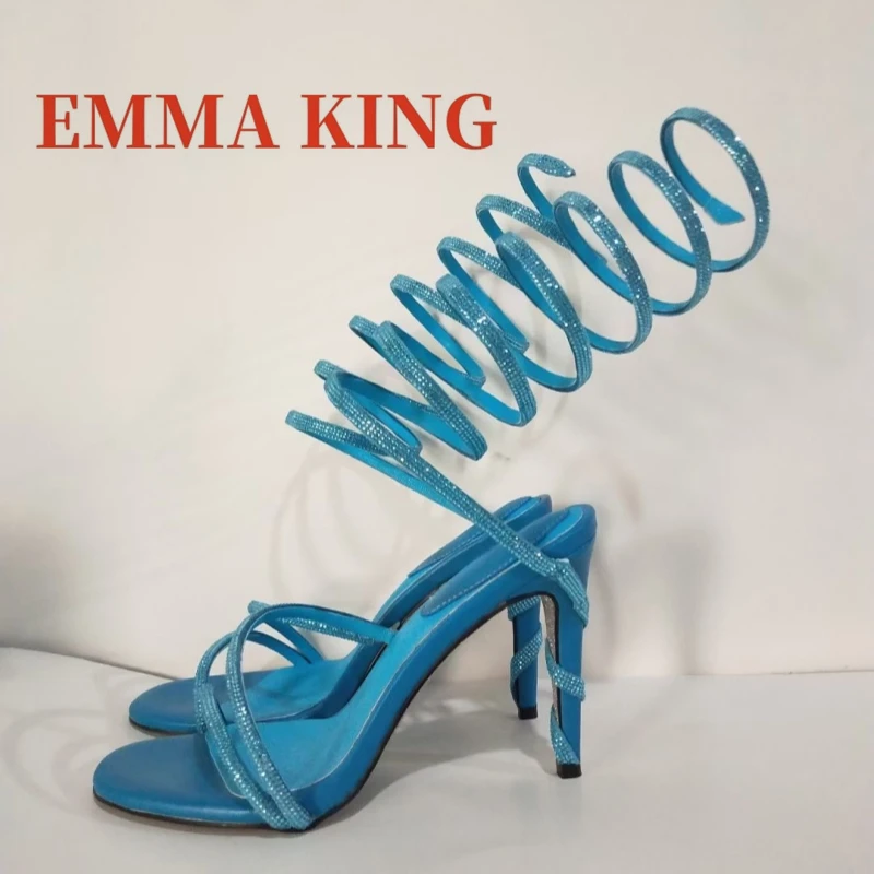 المرأة حجر الراين الكاحل لف الصنادل جولة تو الخنجر الكعوب الصيف الصنادل مثير كريستال ديكور ملهى ليلي فستان أحذية 43