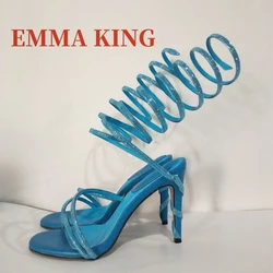 Women's Rhinestone Ankle Winding Sandals Round Toe Stiletto Heels Summer Sandals Sexy Crystal Decor Nightclub Dress Shoes 43