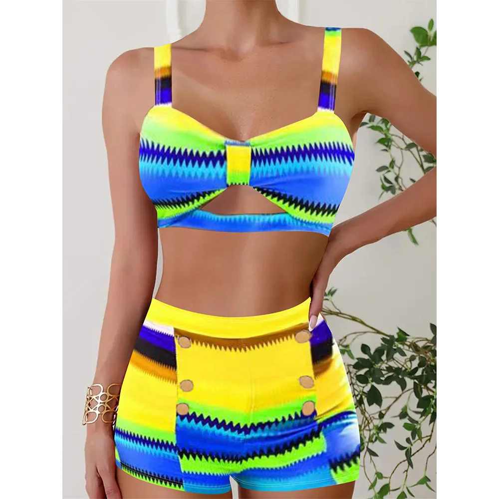 Women's Printed Bikini Set High Waist Square Leg Swimwear Summer Two Piece Shorts Set Holiday Beach Outfits Bathing Suit Clothes