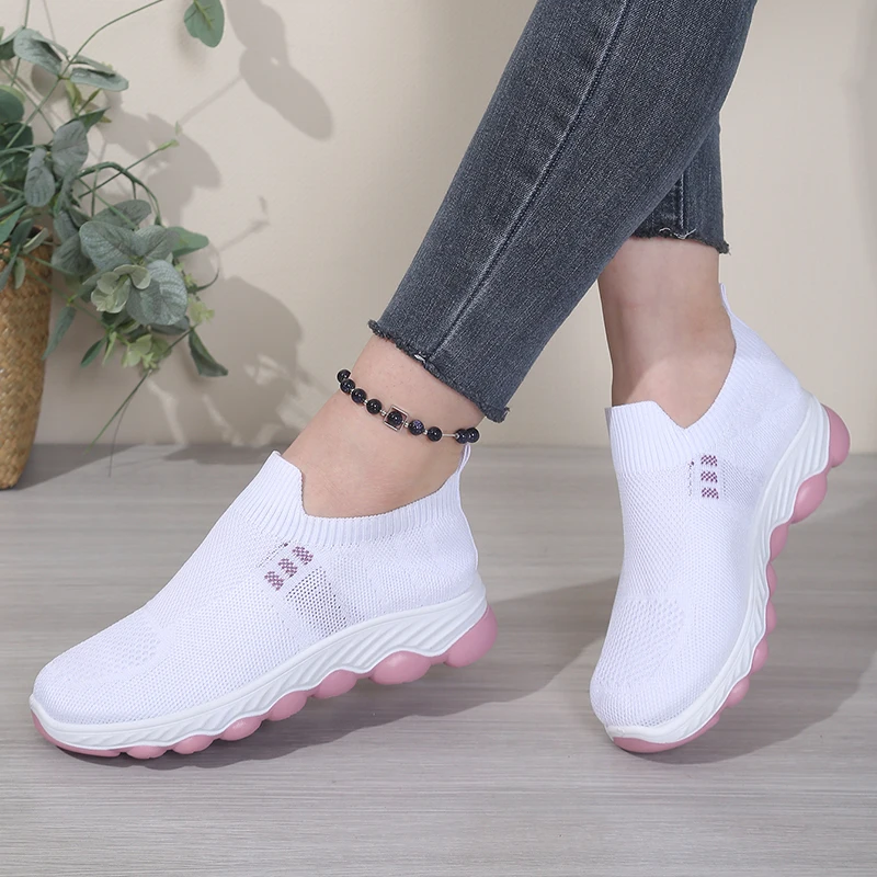 Gray Breathable Knit Mesh Slip-On Sneakers for Women, Lightweight Comfortable Shoes with Cushioned Wavy Sole view 5