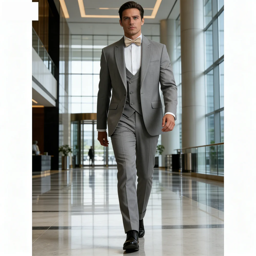 

Suave Khaki Unique Breasted Peak Lapel Men's Ternos 3-Piece Suit (Jacket + Pants + Vest) Wedding Party Ensemble
