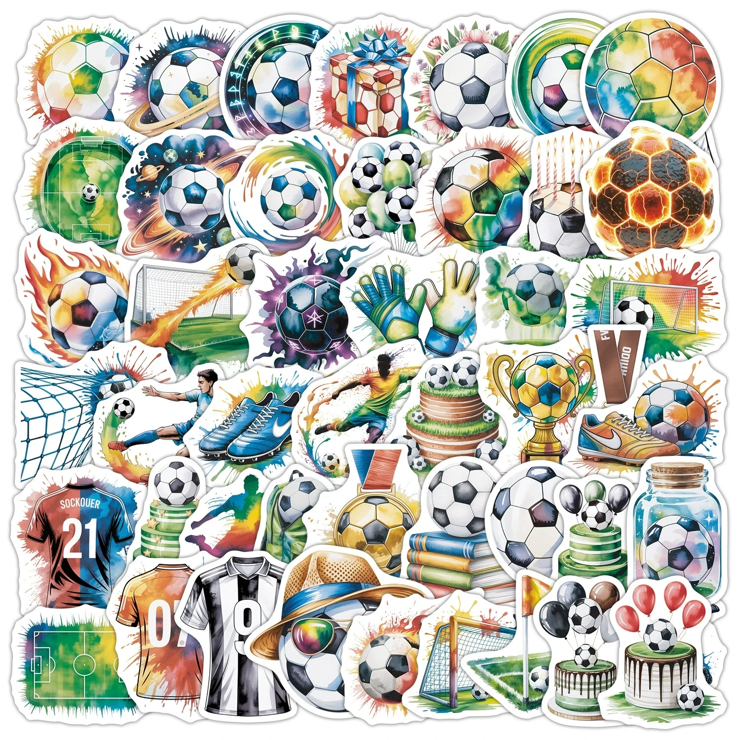 

50-100 PCS Watercolor Soccer Graffiti Stickers Waterproof Decorative Decals for Water Bottle Phone Creative Soccer Stickers