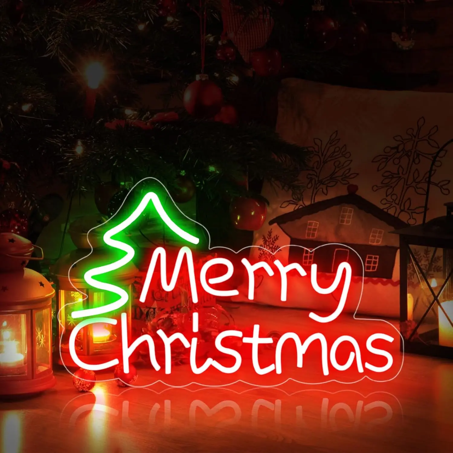 Merry Christmas Neon Sign, LED Christmas Tree Neon Light for Wall Decor Gifts Christmas Party Bedroom New Year, USB Powered