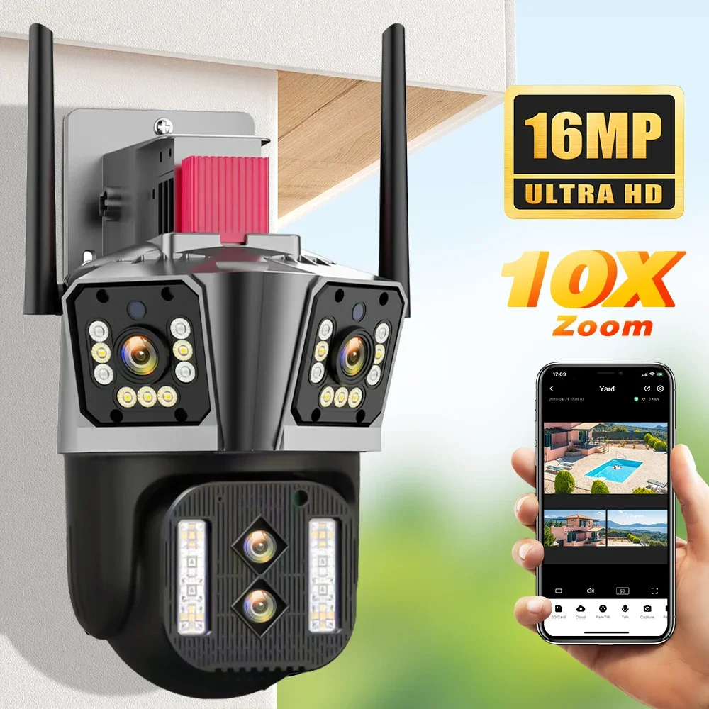 16MP 8K HD IP Camera 10X Zoom Outdoor Four lenses Three-Screen PTZ 8MP WiFi Camera Security Protection CCTV Color Night Vision