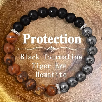 Triple Protection Bracelet:Tiger Eye, Black Obsidian, & Hematite 8mm Round Protection…