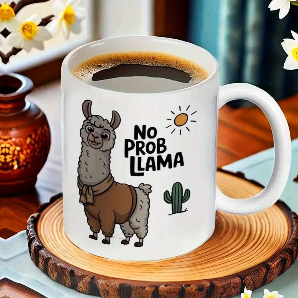 Cartoon Scarf Llama With Cactus Sun White Mug No Prob Llama Pun Quote Cup Relax Funny Daily Coffee Cup Gift For Her