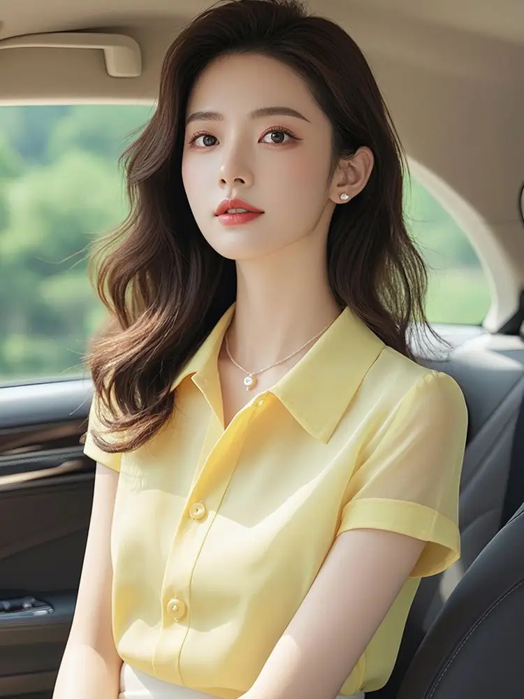 New French Style Blouse in Yellow Chiffon with Short Sleeves for Women's Summer Wear