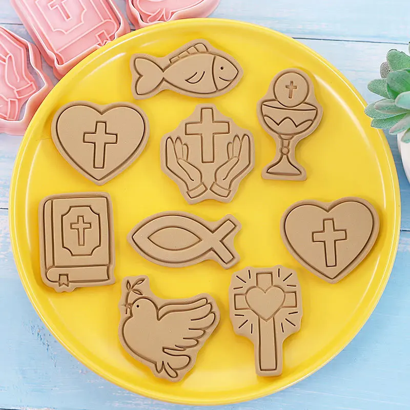 8pc Set First Holy Communion Cartoon Cookie Mold Christian Cross Baby Baptism Cookie Embosser Mold Fondant Cake Decorating Tools