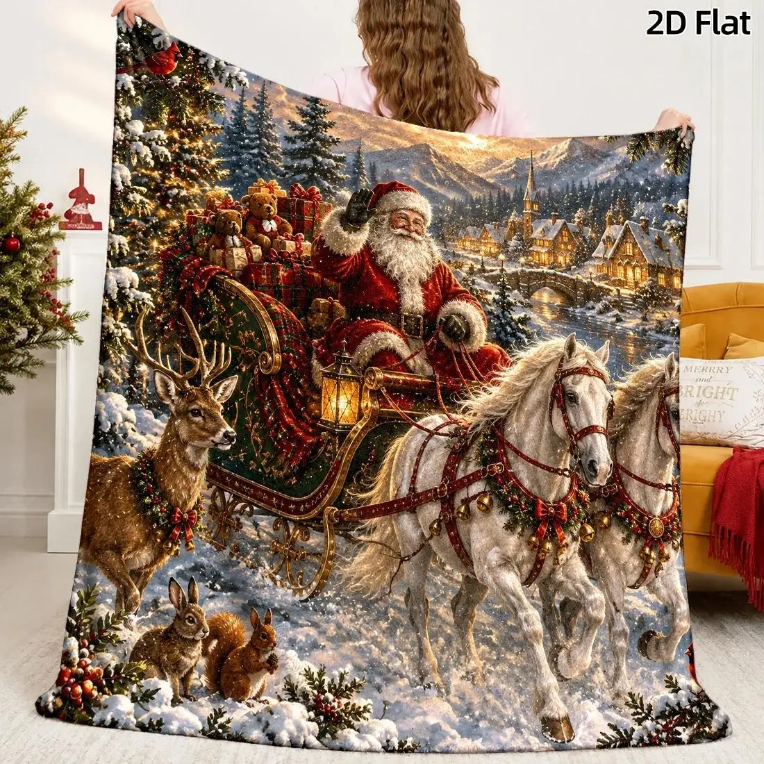 1pc 2D Flat DIY Coloring Throw Blanket, Santa Sleigh Line Art, Oil Painting Santa & Reindeer with Red Gold Swirl Decor Blanket