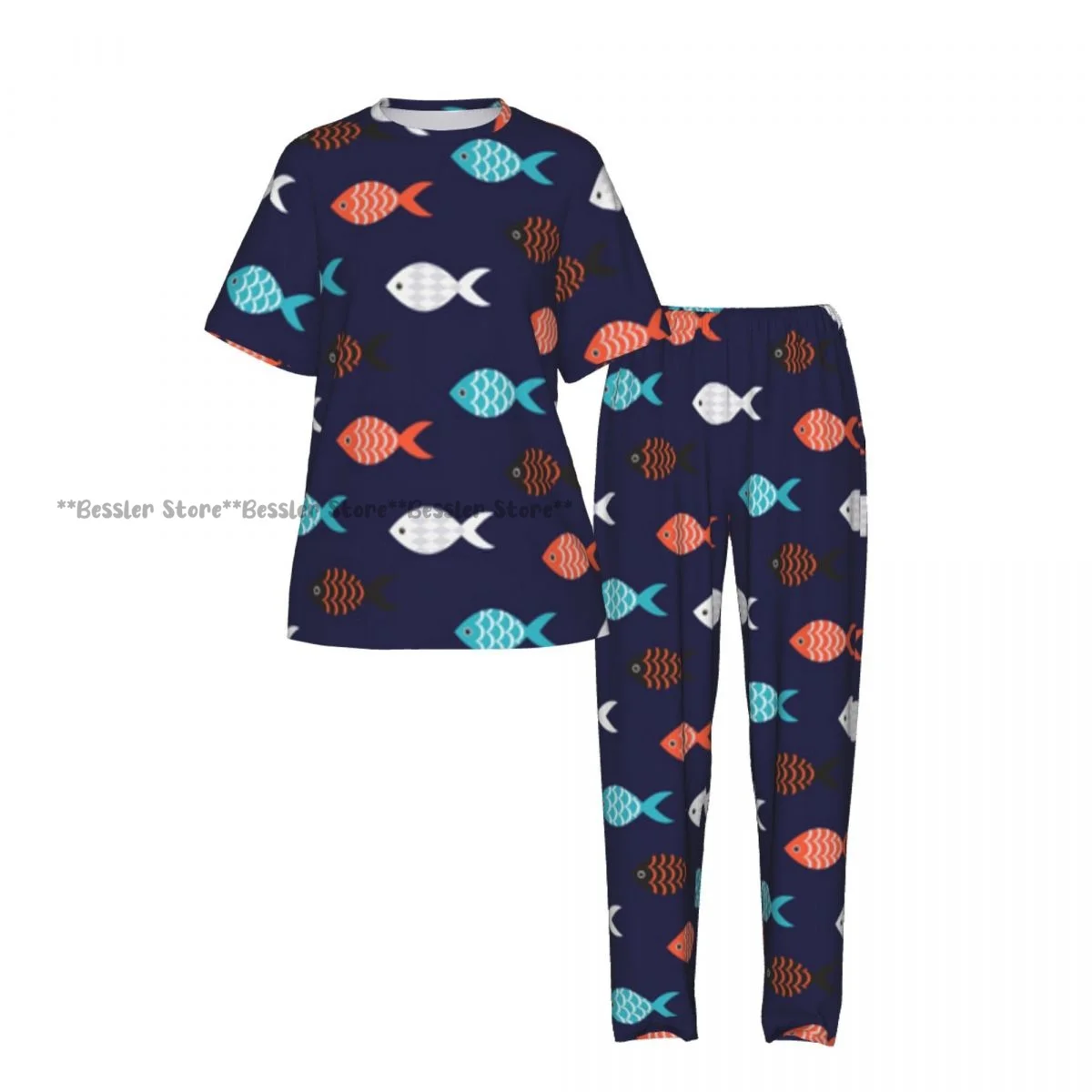 Women's Colorful Fish Pattern short sleeve trousers casual pajamas set view 2