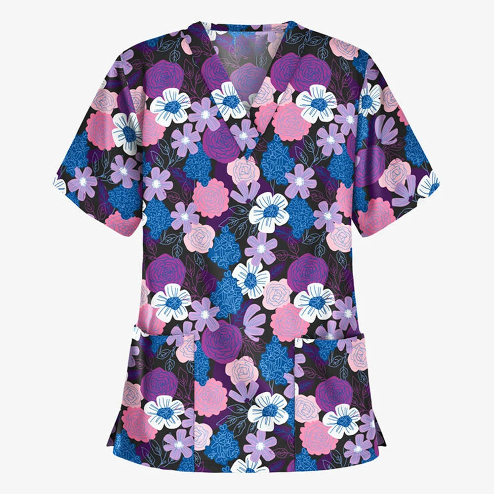 New Tops Scrub Medical Woman Fashions Floral Print Pharmacist Scrub Tops V-Neck Short Sleeve Spa Nurse Pure Medical Scrubs for W