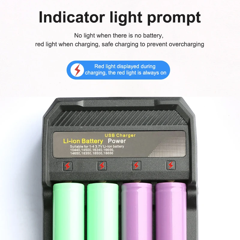 18650 Battery Charger 4 Slots Smart Universal Charger Fast Charger USB Input for Rechargeable Battery For 18650 Lithium Battery