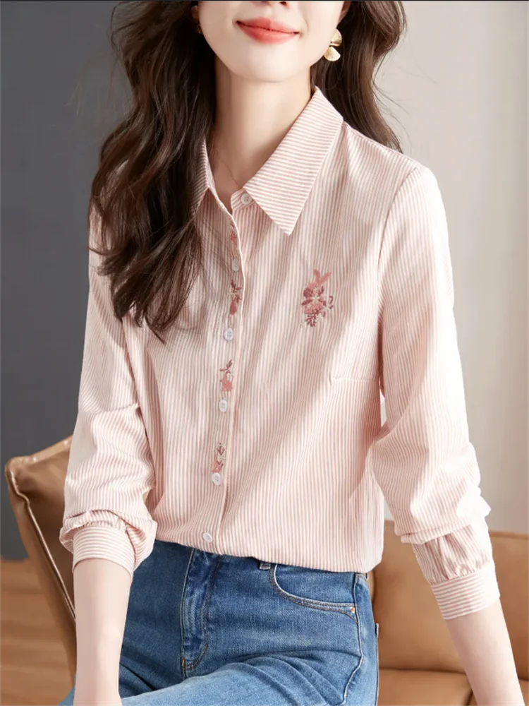 Spring Women Blouses Embroidered Shirt Pink Tops For Woman Clothes Blous Striped Shirt Cardigan Blouses Laple Long Sleeve Shirt