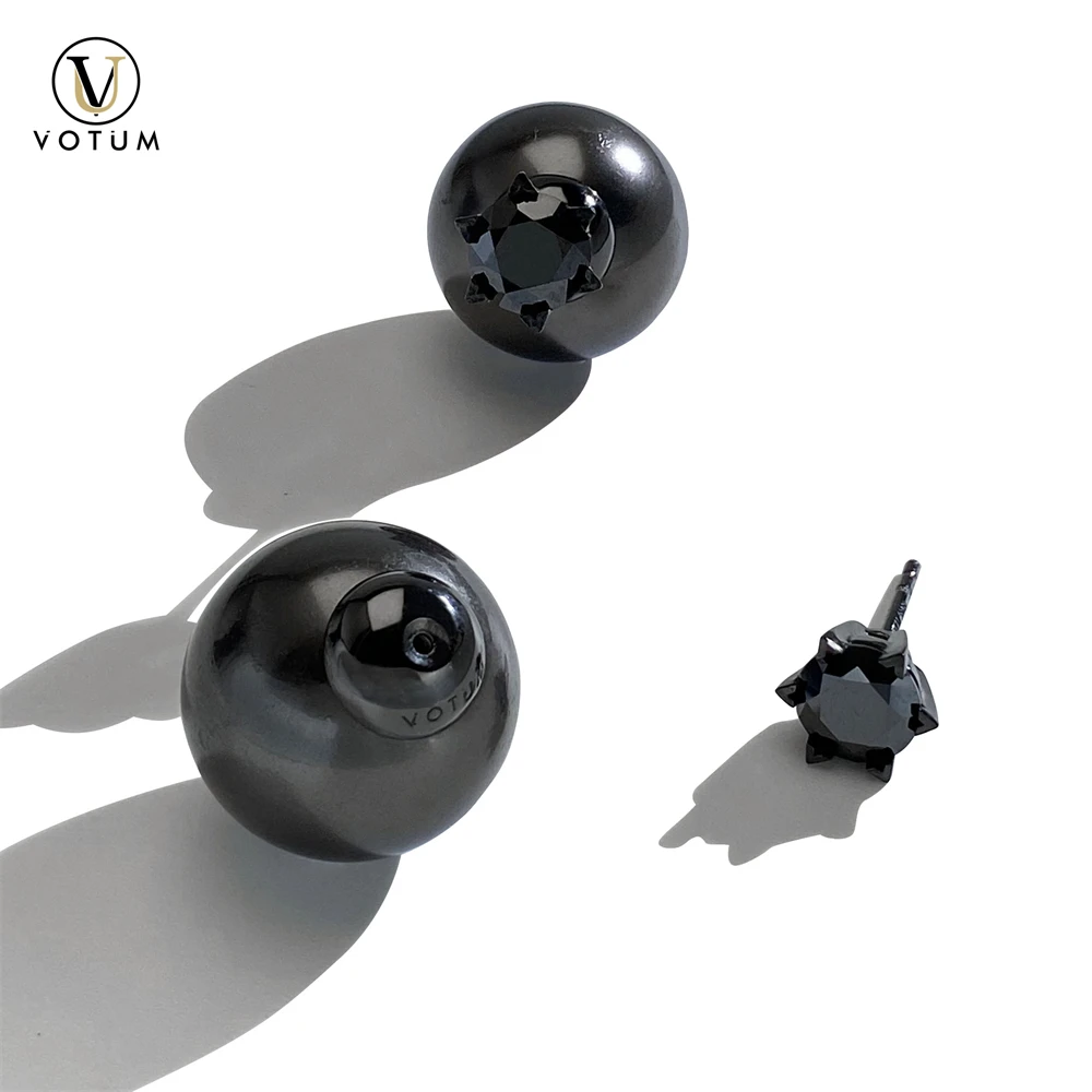 

VOTUM All Black 925 Silver Round Moisanite Earring Stud for Women Large Pearls Back Punk Style Hiphop Man Handmade Fine Jewelry
